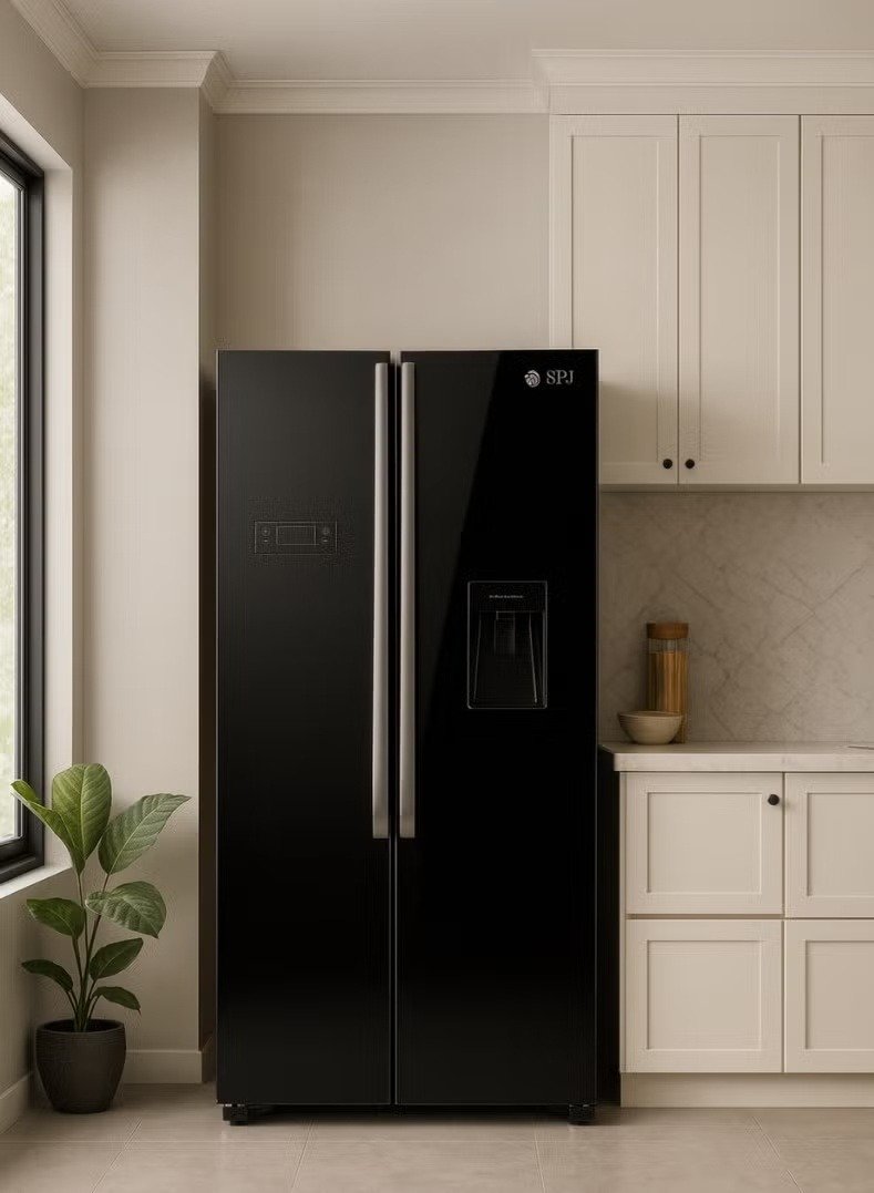 Frigorífico Side by Side 699L Preto com Dispensador de Água SPJ – ambiente na cozinha Frigorífico side by side SPJ preto com dispensador de água numa cozinha moderna