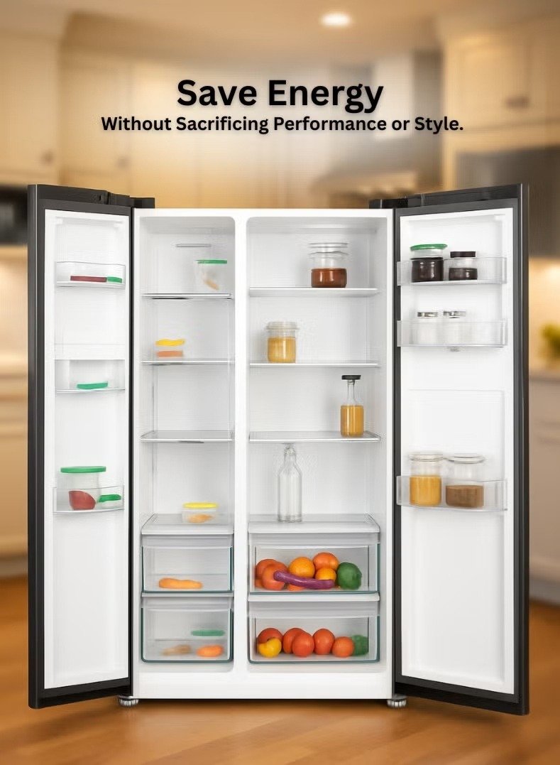 Frigorífico Side by Side 699L Preto com Dispensador de Água SPJ – interior com prateleiras e gavetas Interior do frigorífico side by side SPJ com prateleiras de vidro e gavetas de legumes